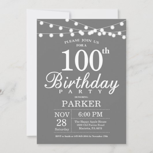Invitation d'anniversaire 100 ans Gris et Blanc (Devant)