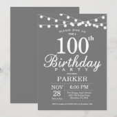 Invitation d'anniversaire 100 ans Gris et Blanc (Devant / Derrière)
