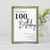 Invitation d'anniversaire 100 ans moderne noir or (Debout devant)