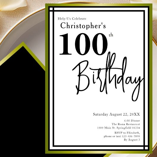 Invitation d'anniversaire 100 ans moderne noir or