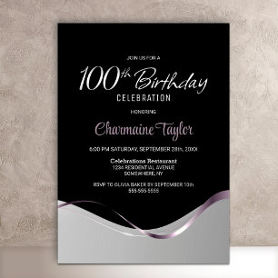 Invitation d'anniversaire 100 ans noir et gris