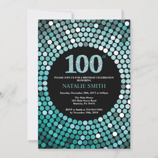 Invitation d'anniversaire 100 ans Noir et Paillett (Devant)