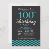 Invitation d'anniversaire 100 ans noir et sarcelle (Devant)
