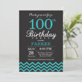 Invitation d'anniversaire 100 ans noir et sarcelle (Debout devant)