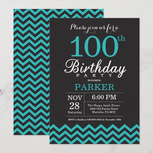 Invitation d'anniversaire 100 ans noir et sarcelle (Devant / Derrière)