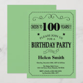 Invitation d'anniversaire 100 ans Noir et Vert (Devant / Derrière)
