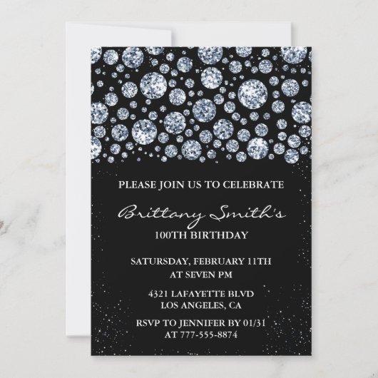 Invitation d'anniversaire 100 ans noir paillettes (Devant)