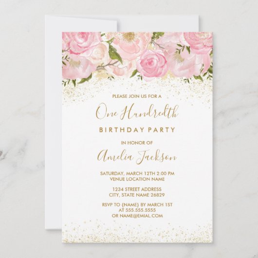Invitation d'anniversaire 100 ans Rose scintillant (Devant)