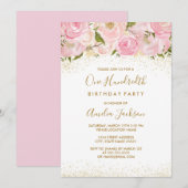 Invitation d'anniversaire 100 ans Rose scintillant (Devant / Derrière)