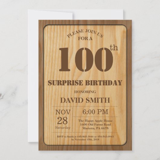 Invitation d'anniversaire 100 ans Rustic Surprise  (Devant)