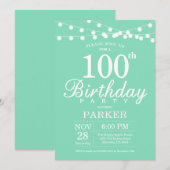 Invitation d'anniversaire 100 ans Vert Menthe (Devant / Derrière)