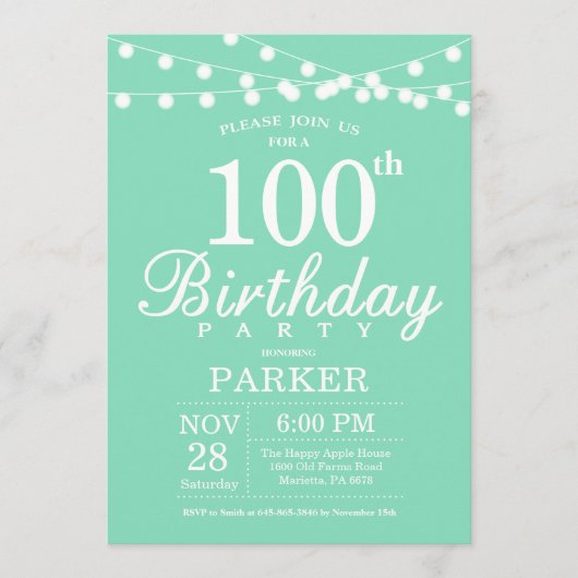 Invitation d'anniversaire 100 ans Vert Menthe (Devant)