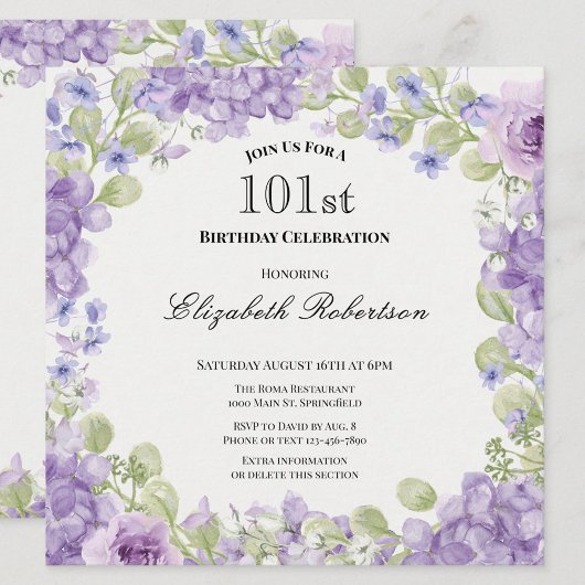 Invitation d'anniversaire 101 ans Élégante Fleur V