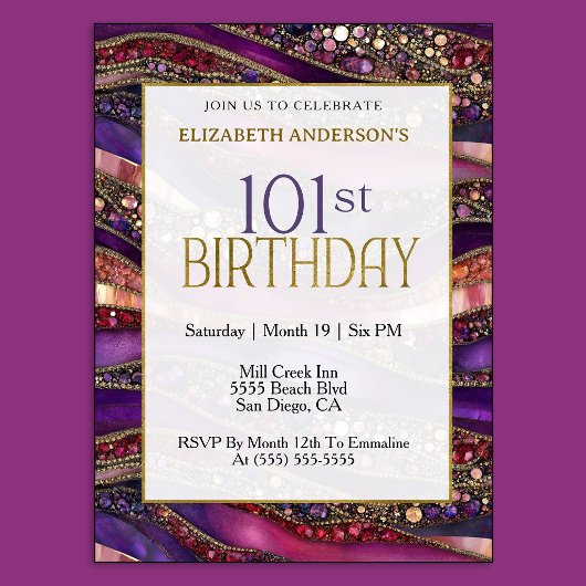 Invitation d'anniversaire 101 ans moderne violet o