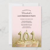 Invitation d'anniversaire 101 ans rose et or pour (Devant)