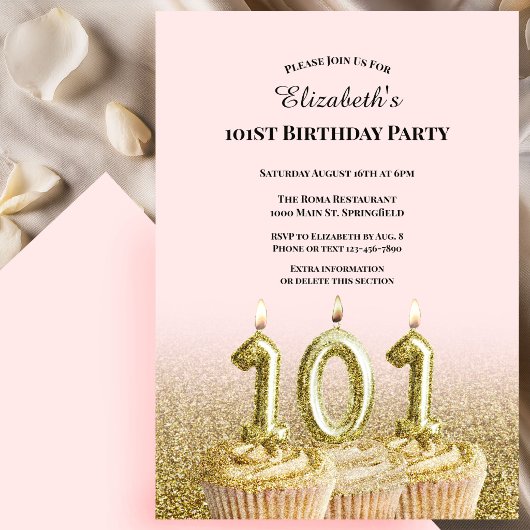 Invitation d'anniversaire 101 ans rose et or pour