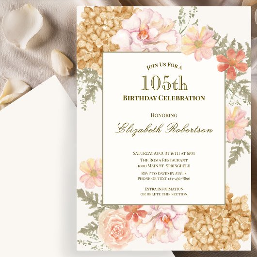 Invitation d'anniversaire 105 ans aux couleurs flo