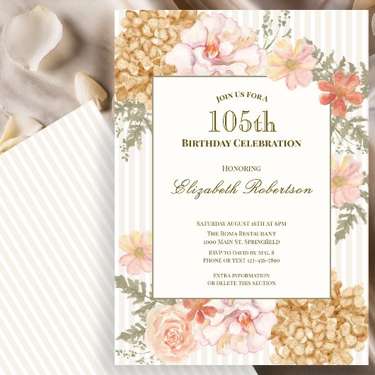 Invitation d'anniversaire 105 ans aux couleurs flo