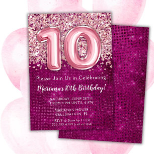 Invitation d'anniversaire 10 ans Fille Magenta Ros