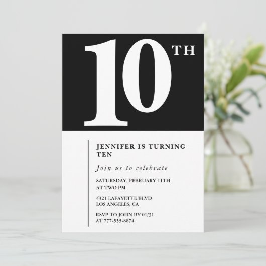 Invitation d'anniversaire 10 ans Filles Noir Blanc (Debout devant)
