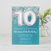 Invitation d'anniversaire 10 ans Paillettes Turquo (Debout devant)