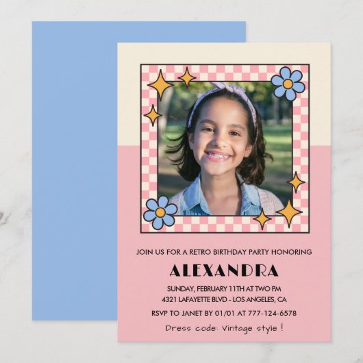 Invitation d'anniversaire 11 ans Fleurs roses rétr (Devant / Derrière)