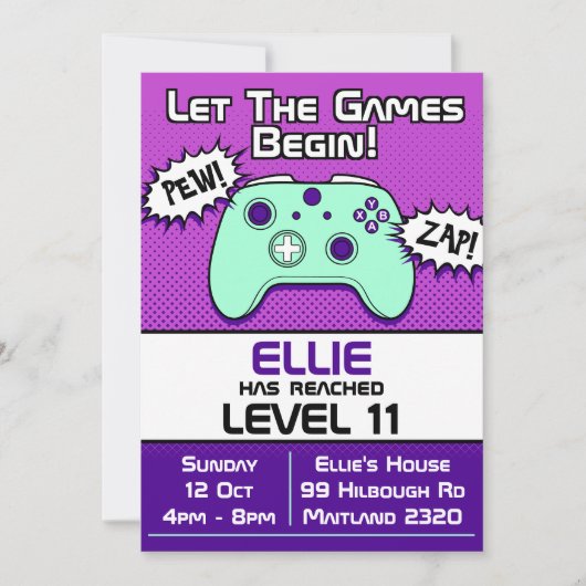 Invitation d'anniversaire 11 ans Gamer Girl Violet (Devant)