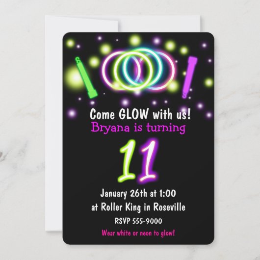 Invitation d'anniversaire 11 ans GLOW Lights Age 1 (Devant)