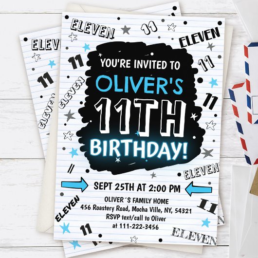 Invitation d'anniversaire 11 ans pour garçon Doodl