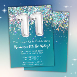 Invitation d'anniversaire 11 ans Teal Pailleté Arg