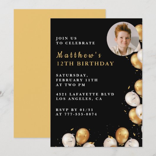 Invitation d'anniversaire 12 ans Black Gold 12 Bal (Devant / Derrière)