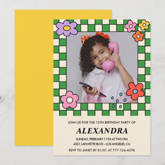 Invitation d'anniversaire 12 ans Fille Fleurs Rétr (Devant / Derrière)