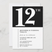 Invitation d'anniversaire 12 ans fille noir et bla (Devant)