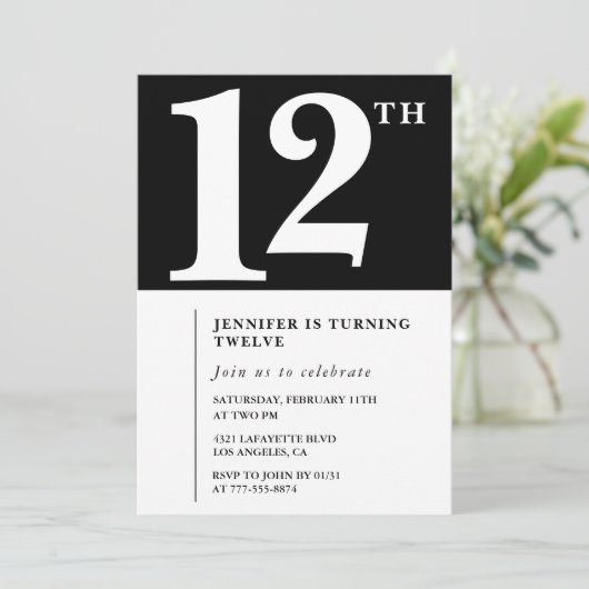 Invitation d'anniversaire 12 ans fille noir et bla (Debout devant)