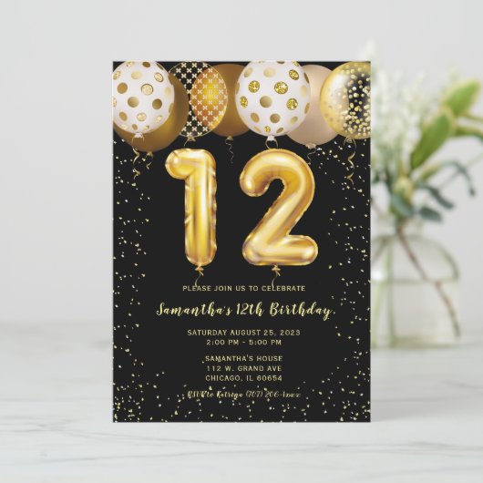 Invitation d'anniversaire 12 ans noir or (Debout devant)