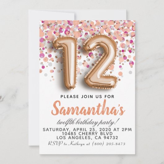 Invitation d'anniversaire 12 ans Rose Gold (Devant)