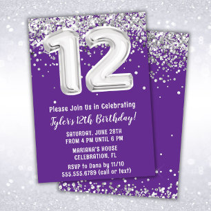Invitation d'anniversaire 12 ans violet et argent