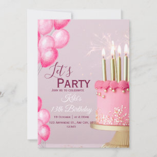 Invitation d'anniversaire 13 ans aquarelle rose