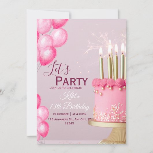 Invitation d'anniversaire 13 ans aquarelle rose (Devant)