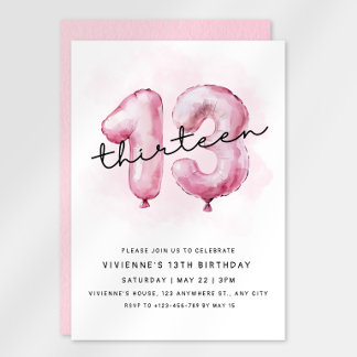 Invitation d'anniversaire 13 ans ballon rose
