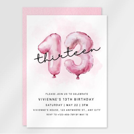Invitation d'anniversaire 13 ans ballon rose