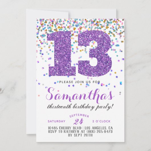 Invitation d'anniversaire 13 ans confettis (Devant)
