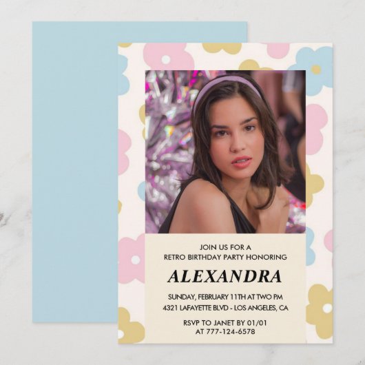 Invitation d'anniversaire 13 ans Fleurs rétro funk (Devant / Derrière)