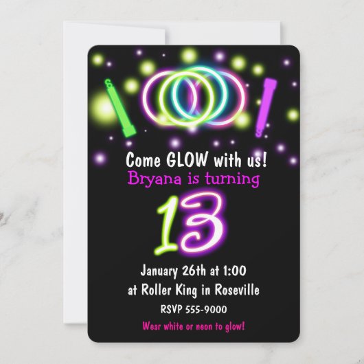 Invitation d'anniversaire 13 ans GLOW Lights (Devant)