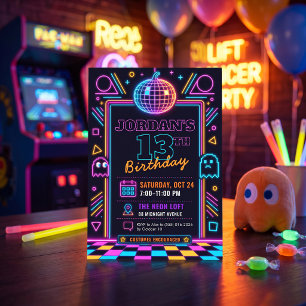 Invitation d'anniversaire 13 ans Neon Retro Arcade