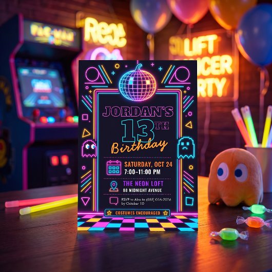 Invitation d'anniversaire 13 ans Neon Retro Arcade
