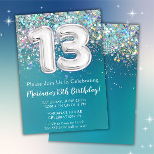 Invitation d'anniversaire 13 ans Paillettes Turquo