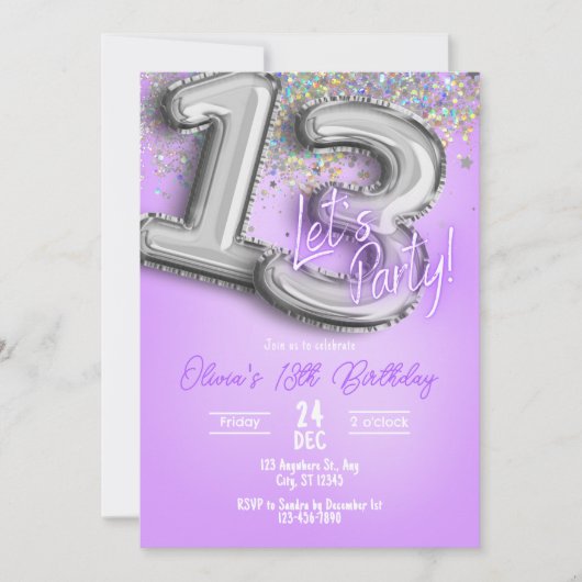 Invitation d'anniversaire 13 ans Paillettes Violet (Devant)