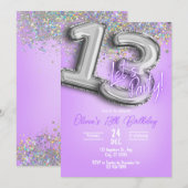 Invitation d'anniversaire 13 ans Paillettes Violet (Devant / Derrière)