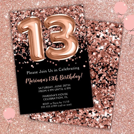 Invitation d'anniversaire 13 ans Rose noire Paille